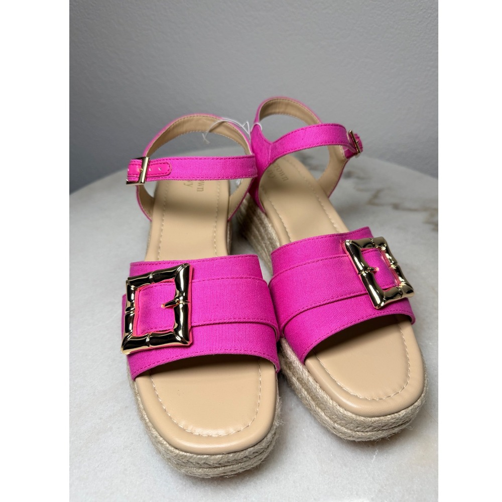 Crown & Ivy Derby Pink Espadrille Platform Wedge Sandals Gold Buckle 8.5M
